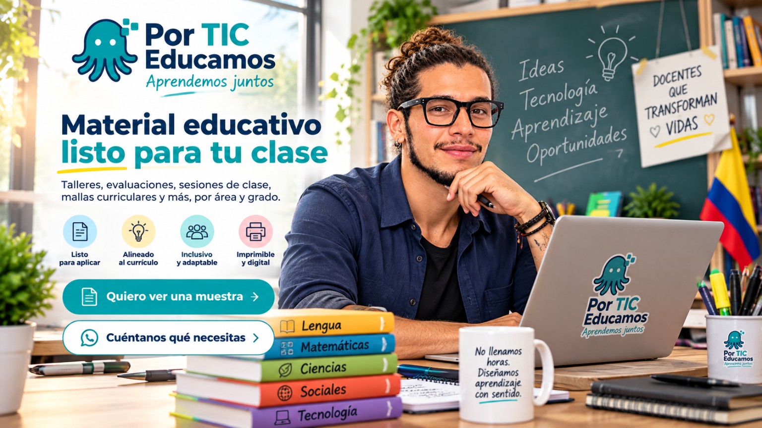 Por TIC Educamos – Aprendemos Juntos. Jeffersson junto a materiales y un computador. Material educativo listo para tu clase: talleres, evaluaciones, sesiones de clase y mallas, por área y grado.